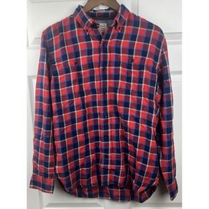 LL Bean Shirt Mens‎ Medium Red Blue Plaid Slightly Fitted Cotton Tencel Flannel